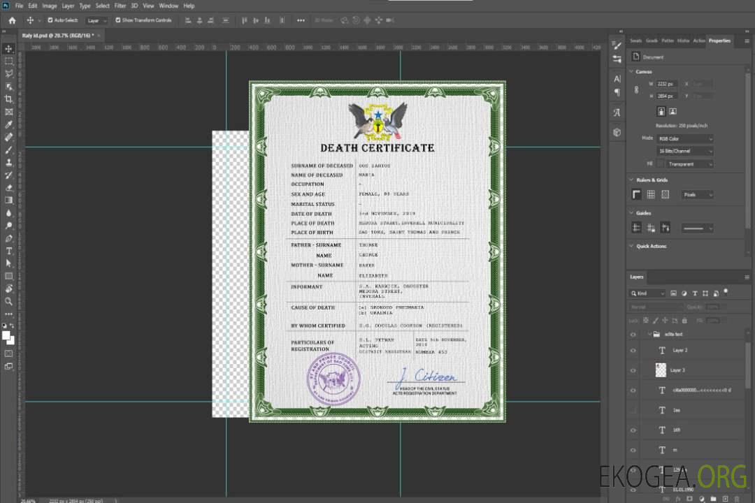 Modèle PSD de certificat de décès de l'état civil de Sao Tomé template